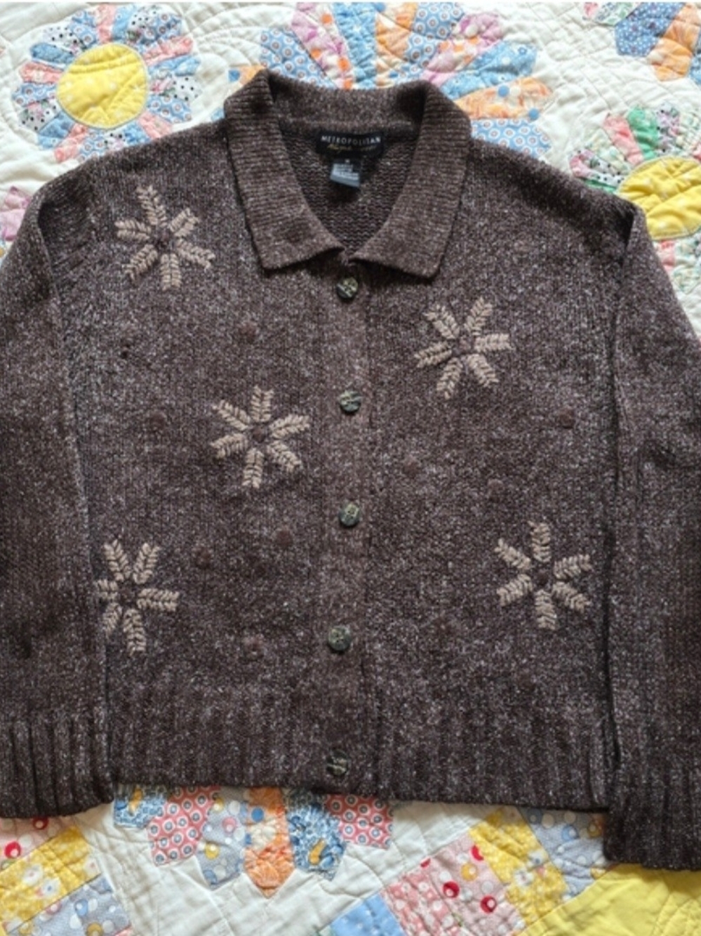 Vintage 90s Brown Snowflake Cardigan Metropolitan New York Cozy Cabin